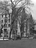 Exterior view of Royal Victoria College as seen from Sherbrooke and University Streets with cars in front. (photo ca. 1948). MUA PR039971.