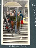 Six female students on steps of Royal Victoria College, going skiing at Shawbridge in Laurentians. Cartoon colouring by "Bee Tweedie". (photo 1927). MUA PU038149.