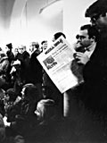 Students watching television debate between Principal H. Rocke Robertson, Dean of Arts H. Wood, and Stanley Gray. (photo 1969). MUA PR000406.