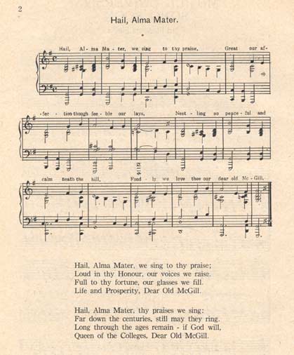 Hail Alma Mater Music Sheet, McGill University Songbook, 1921