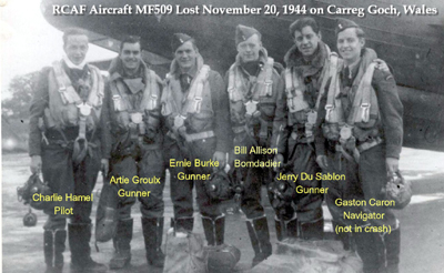Wellington Bomber MF-509 crew: Pilot Sgt Charles Hamel, Navigator Sgt Jules Robert Rene Villeneuve, Bomb Aimer F/Off William Joseph Allison, W/Op/Air Gunner Sgt Joseph Paul Ernest Burke, Air Gunner Sgt Arthur Grouix, and Air Gunner Sgt Gerard Dusablon